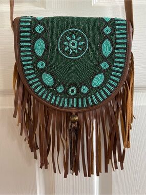 EARTHBOUND Teal and Brown Beaded Fringe Crossbody